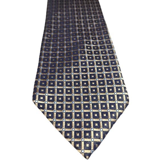 Stafford Big & Tall 100% Silk Tie Navy Gold Geometric Square Pattern 62”x4” - Picture 1 of 3